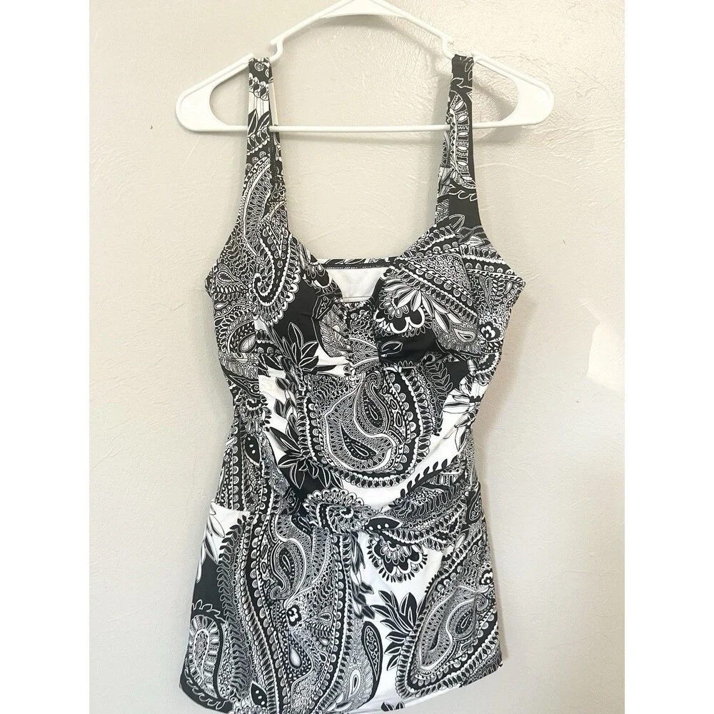 Jantzen Swim Dress Size 14 Slimming Ceramic Black White Beach Resort Swimsuit